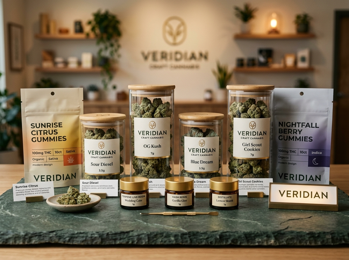 Premium craft cannabis products, glass jars of flower and artisan edibles at Catbird Muscrow Canna